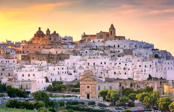 Ostuni city in sunset. White town of Puglia region, South Italy.