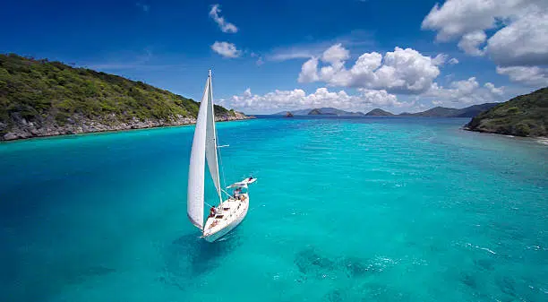 aerial view of a sloop under full sails sailing through the Caribbean