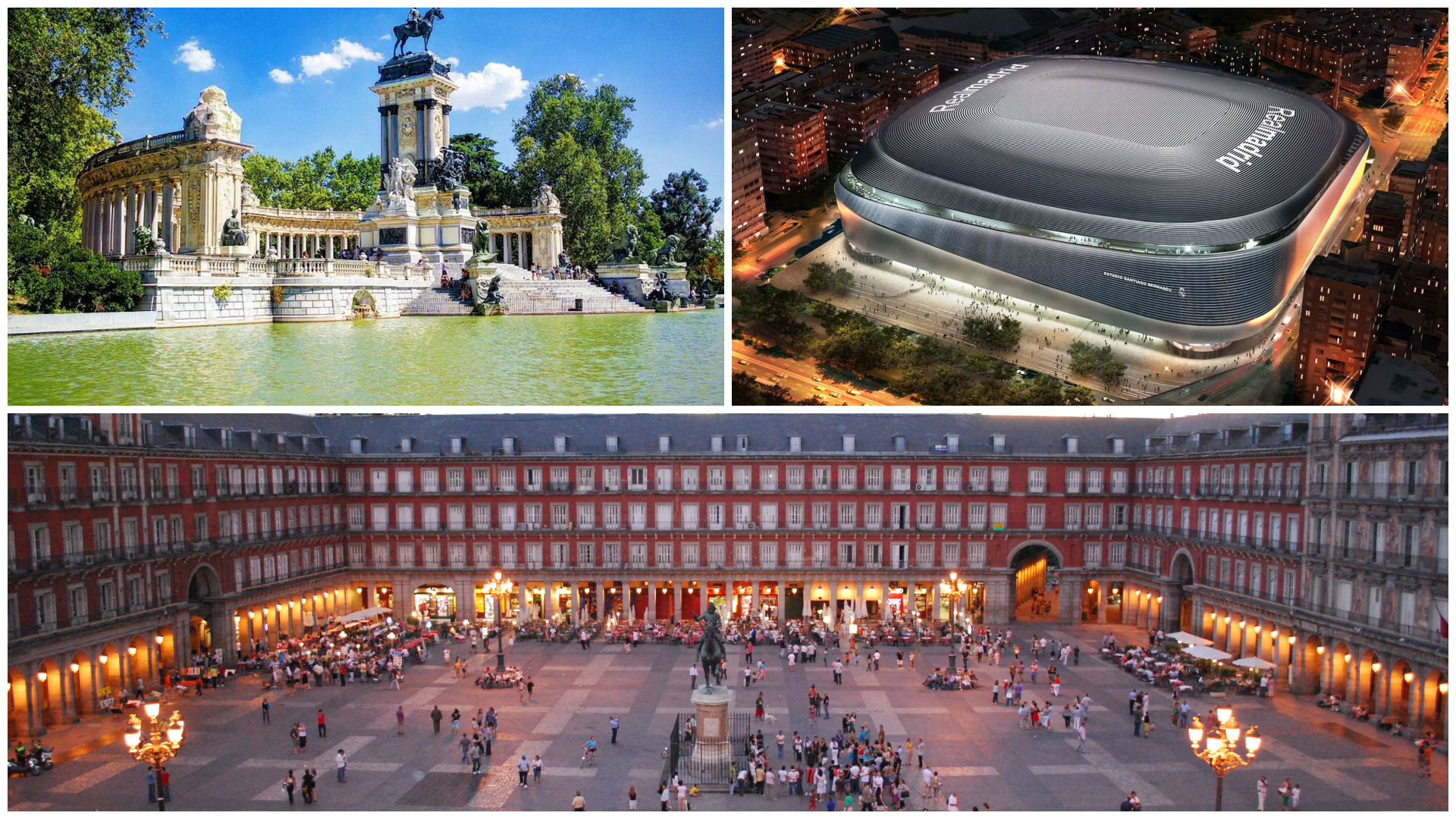 Madrid attraction - Plaza Mayor - Real Madrid Stadium - El retiro park