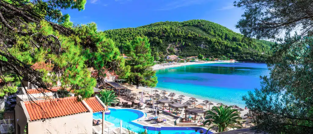 Beautiful-Panormos-bay-view-with-hotel-and-beautiful-beach-in-Skopelos-Sporades-Greece